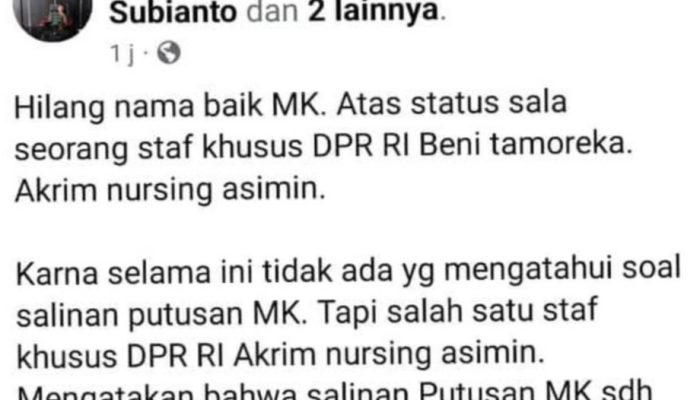 Coreng Nama Baik Aleg DPR RI Beniyanto Tamoreka, Tenaga Ahli Akan Melaporkan Pemilik Akun Fajry Lausalah 